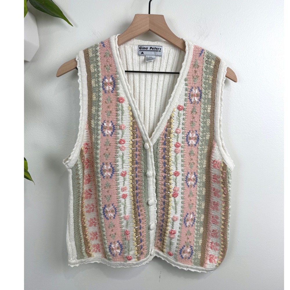 Vintage 90s Gina Peters Floral Knit Sweater Vest Pink Green Grandmacore M